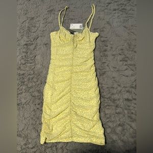 Yellow Floral Ruched Mini Dress